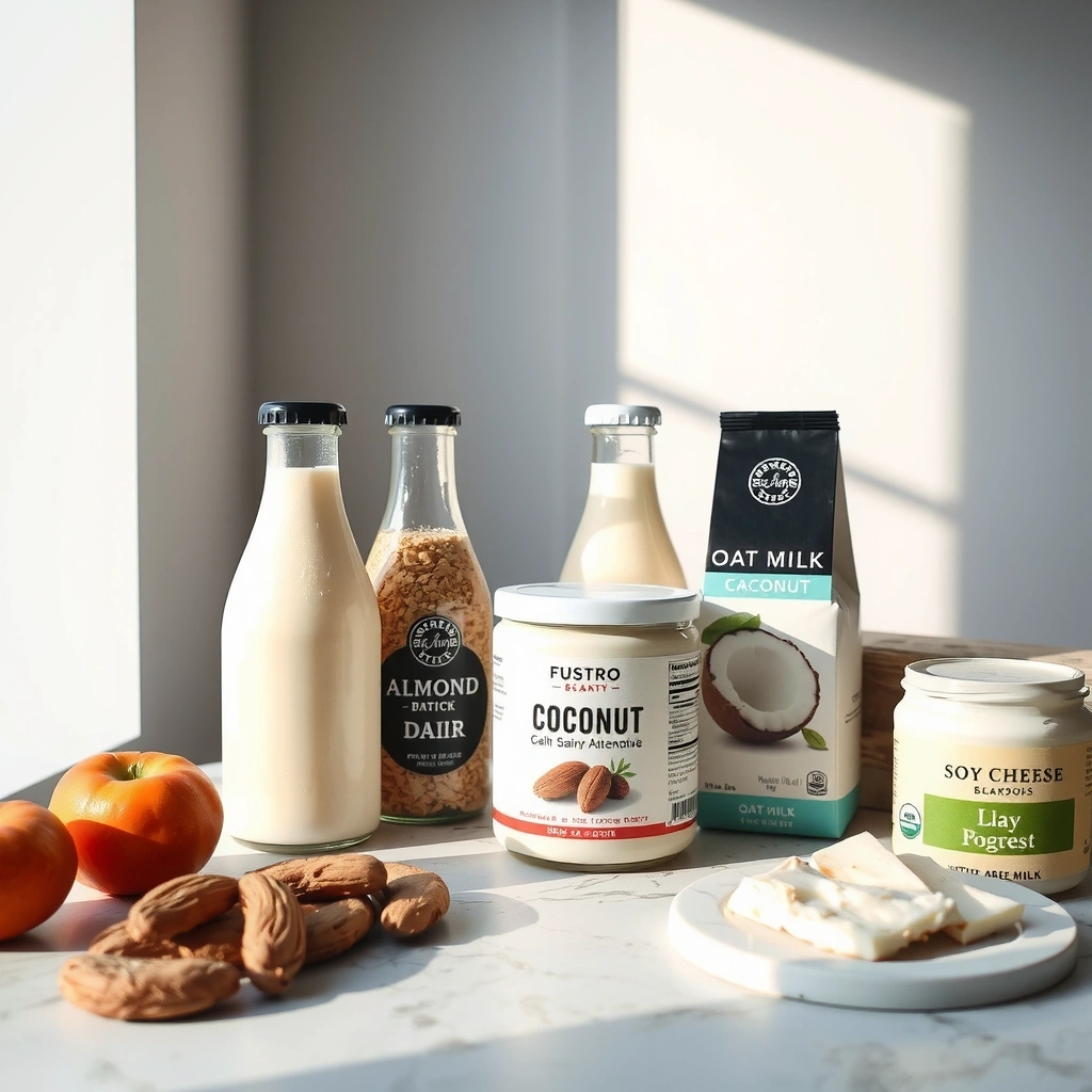 Assorted plant-based dairy alternatives in glass containers
