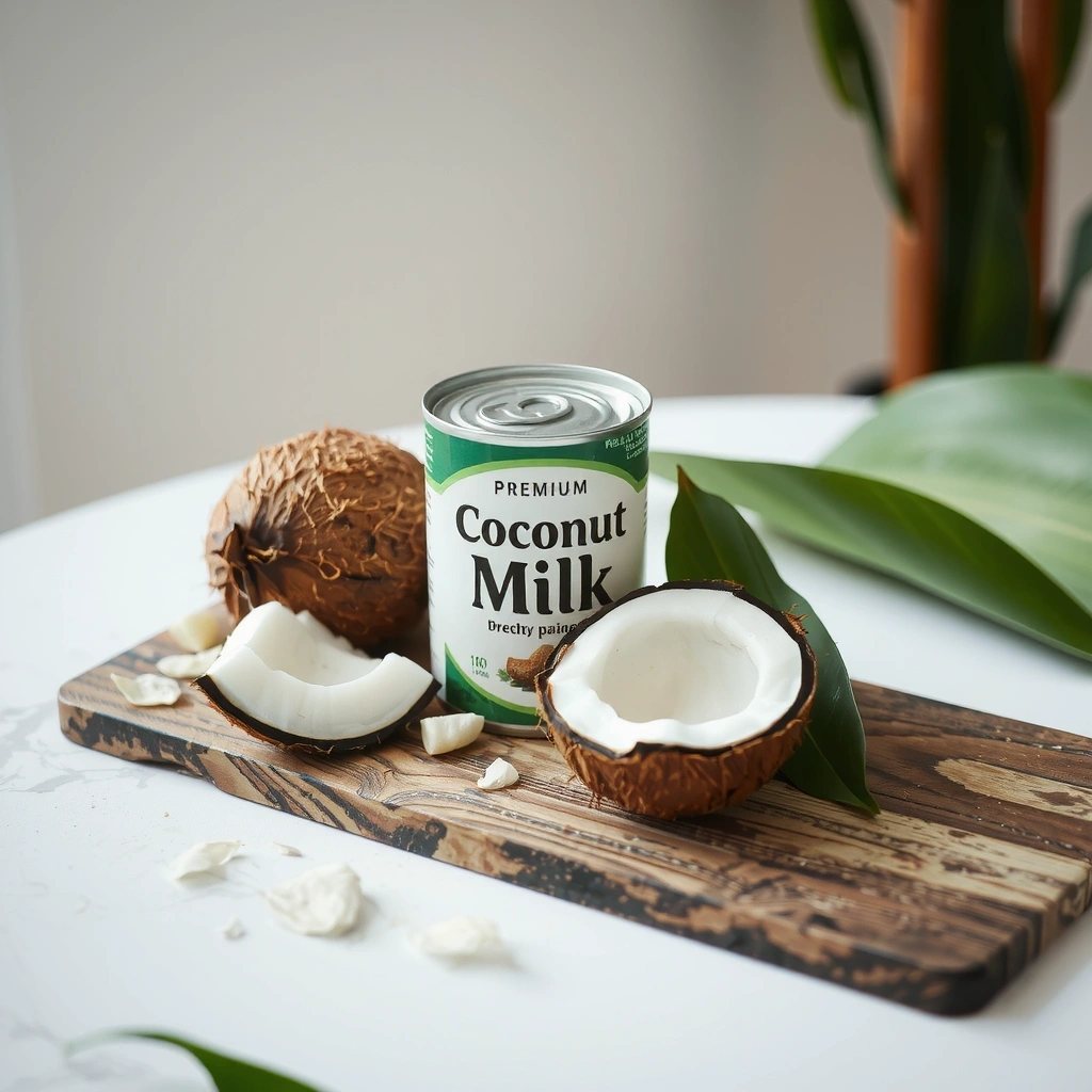 Can of coconut milk with fresh coconut pieces