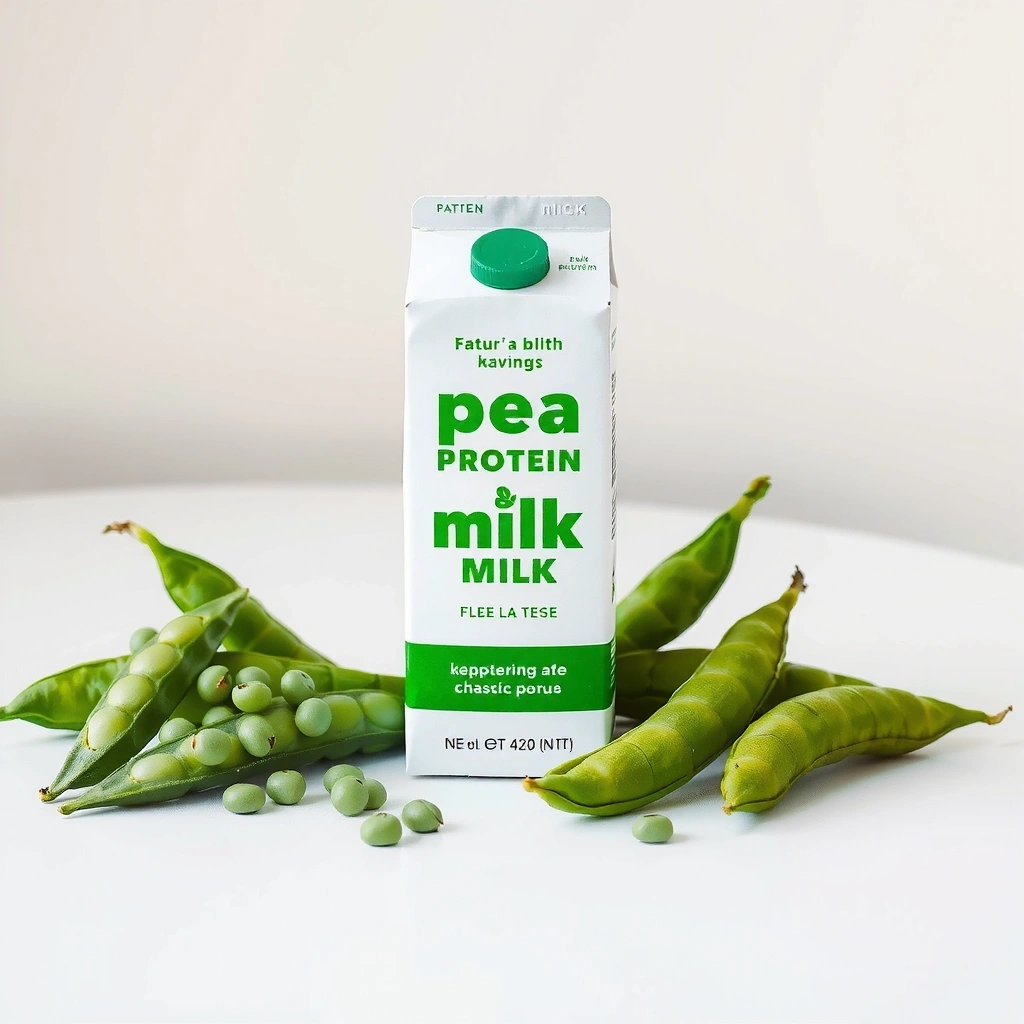 Carton of pea protein milk with green peas