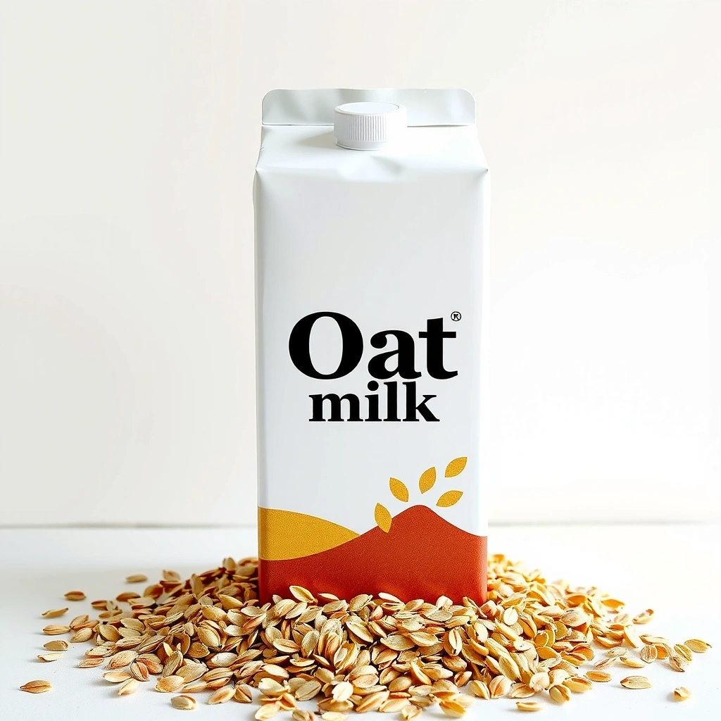 Carton of creamy oat milk with oat grains