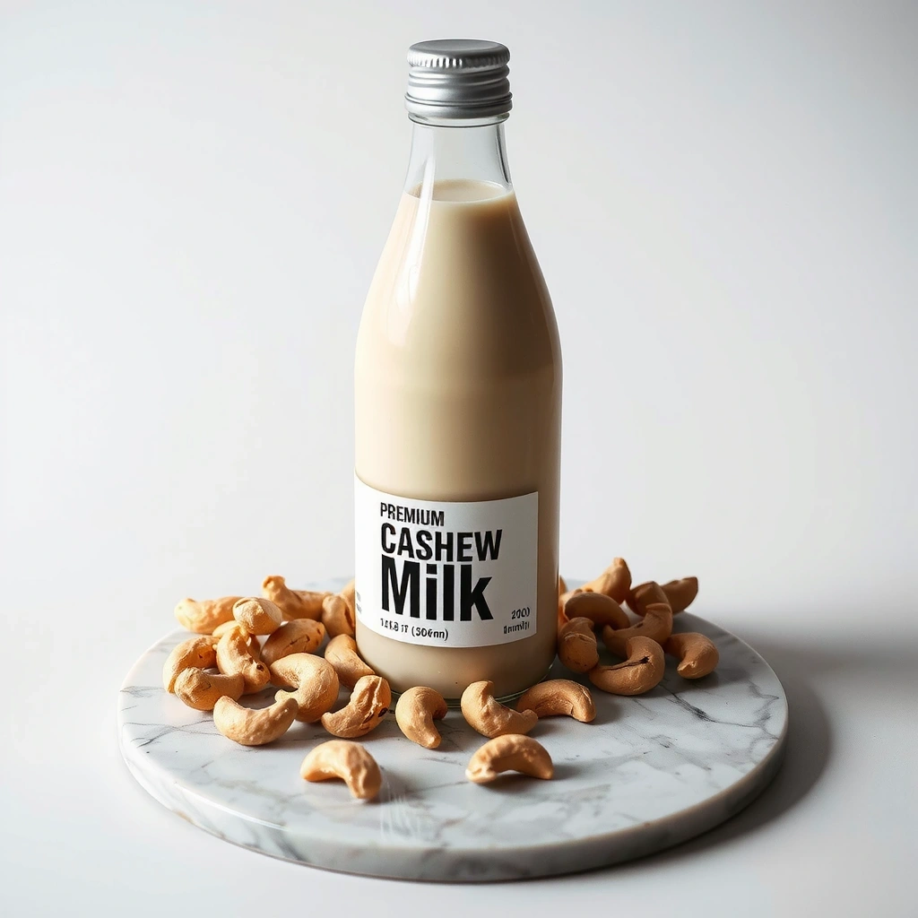Glass bottle of cashew milk with cashews